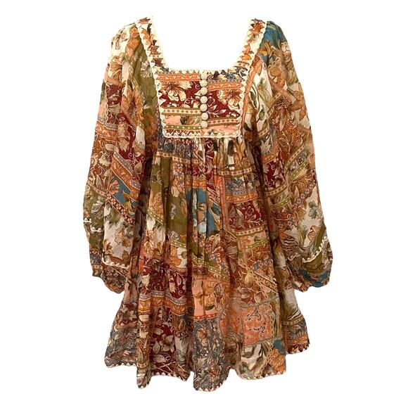 Zimmermann Chintz Billow Mini Dress Floral Crochet Long Sleeves Multi 2 Petite - Picture 9 of 9